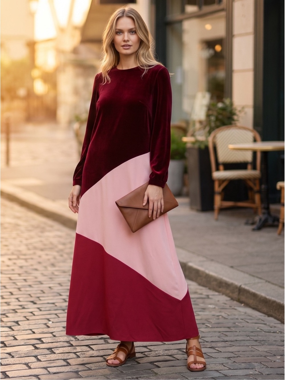 NWT Tuckernuck Silk Velvet Colorblock Holiday Maxi Dress Red Pink Size XL